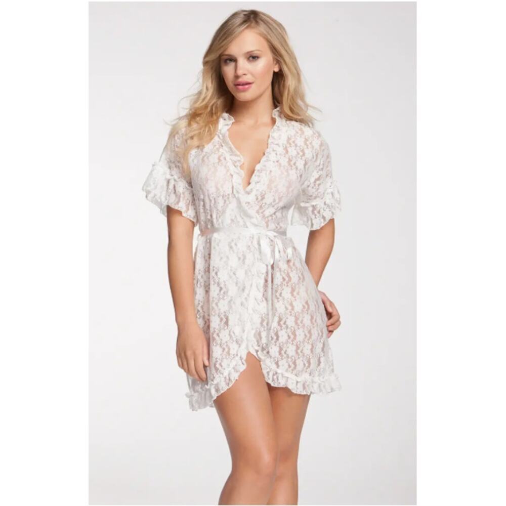 In Bloom by Jonquil Robe Womens Size Small Ivory Retro Lace Wrap Babydoll Floral - Picture 3 of 16